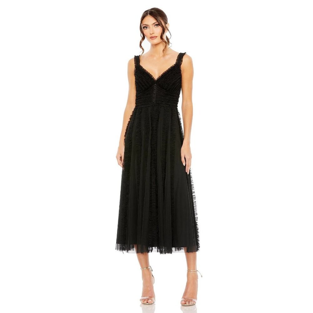 Mac Duggal Black Midi V-Neck Tulle Dress